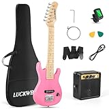 LUCKWBQ 30 Inch Kids Electric Guitar Beginner Kits ST Style Mini Electric Guitar for Boys Girls，Electric guitar Starter Kit w/ 5W Amplifier, Strap, Gig Bag, Strings, tuner，strings，Picks(Pink)