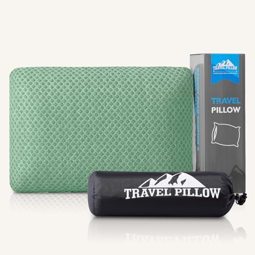 PEUJEW Travel Pillow Memory Foam Pillows, Camping Pillow-Compressible Medium Firm, Breathable Cover, Ideal Backpacking Hiking, Bed Pillows, Airplane and Car (Green, L)