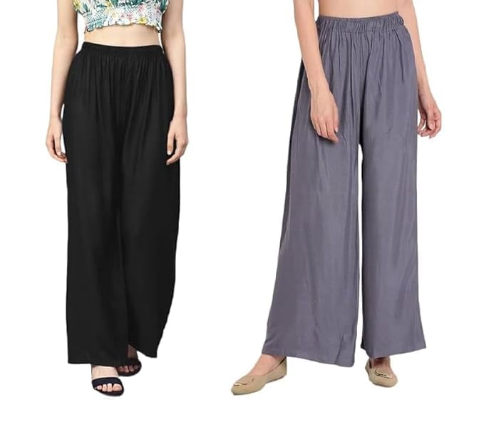 Image of Women's Solid Viscose Rayon Palazzo Pants | Wide Leg Loose Fit Trousers | Office, Casual Ethnic Bottom Wear | Combo Pack of 2