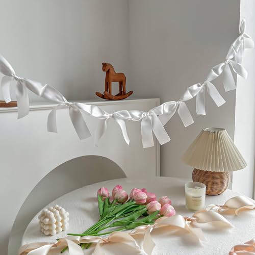Image of Pre-Assembled White Bow Garland - 6ft Elegant Church Wedding Decor, Baby Shower Banner & Bridal Shower Backdrop, Thick Satin No DIY Needed! Baby Room Bed Decor (White, 6ft)