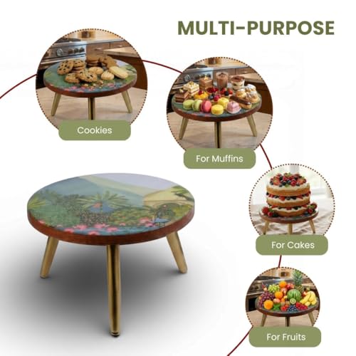 Image of RITUALISTIC Kusum Collapsible Cake Stand | 10 inch Mango Wood Walnut Finish with Detachable Iron Legs | Food-Safe Lacquered Enamel Top | Folk Floral Art | Birthday Wedding Dessert Display | Premium Gift