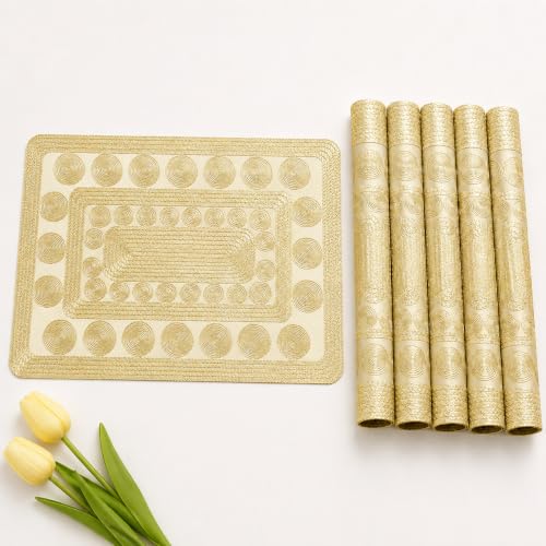 Image of Dakshya Industries Rectangle PVC Placemats for Dining Table Set of 6, Waterproof Table Mats, Washable & Easy Clean Dining Mats for Kitchen, Home and Dining Room, Gold