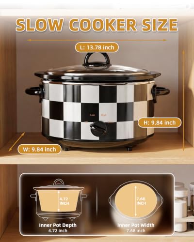 4.0QT Manual Slow Cooker with 5PCS Slow Cooker Liner Black&White Checkered | Slow Cooker with Removable Ceramic Pot and Heat-Resistant Handles, 3 Heat Setting, Dishwasher-Safe, Serve 4+ People — view 6
