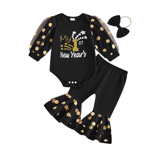 Saliuentm New Years Baby Girl Outfit Long Sleeve Letters Romper Bell Bottoms Pants My First New Years Baby Girl Outfit Clothes 3Pcs (A-Black,0-3 Months)