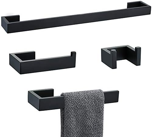 TNOMS 4 Pieces Bathroom Hardware Accessories Set Black Towel Bar Towel Holder Robe Hook Toilet Paper Holder Stainless Steel,Q8-P4BK