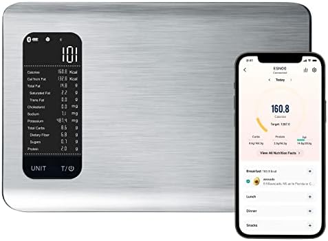 Etekcity Smart Food Nutrition Kitchen Scale, Digital Grams and Ounces for Weight Loss, 19 Facts Tracking, Baking, Cooking, Portion Control, Macro, Keto, 11 Pounds-Large, Stainless Steel