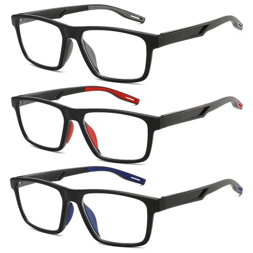 tenuopticss Sports Style Reading Glasses for Men - 3 pack Classic Square TR Frame Lightweight Readers with Spring Hinge+1.50