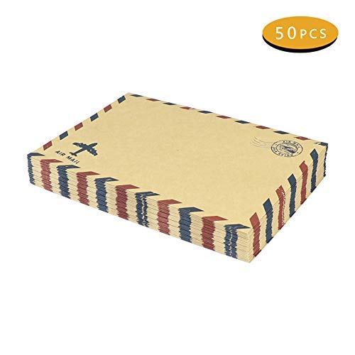 50pcs A7 Envelopes for Invitations Self-Sealing Gummed Vintage Airmail Style Bulk, Kraft Paper Envelopes for Wedding, Baby Shower, Party Invitations, Square Flap, Brown Kraft, 5 x 7 Inches