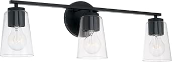 HomePlace by Capital Lighting 148631MB-537 Portman Transitional Clear Glass Cone Vanity Light for Bathroom, 3-Light 300 Total Watts, 8" H x 25" W, Black