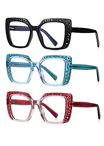 Image of ICARA 3 Pack Fashion Oversized Square Reading Glasses for Women, Retro Celebrity Style Blue Light Blocking Computer Readers