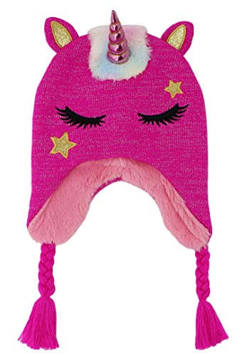 Kids Girls Cute Glitter Unicorn Beanie Winter Hat and Glove Set Knitted Earflap Cap Flip Top Mitten Set2
