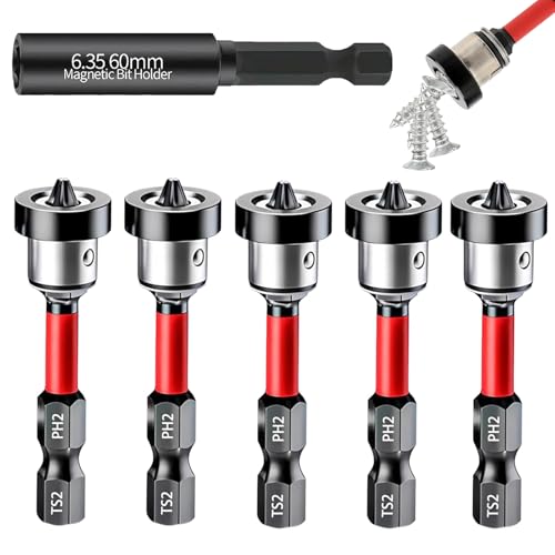 XIAOGUA 5 Piezas PH2 Puntas Atornillador Imantadas+Varilla Adaptadora,Pladur Puntas Atornillador,Puntas Magnéticas,Adecuado para Destornilladores Eléctricos Manual