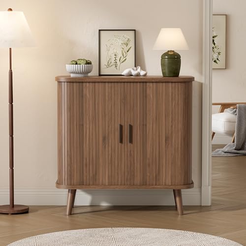 Image of BORNOON Buffet Cabinet with Storage, Curved-Edge Fluted Storage Cabinet Sideboard, Modern Walnut Sideboard Buffet with Adjustable Shelves & Sliding Door for Dining Room, Kitchen, Entryway
