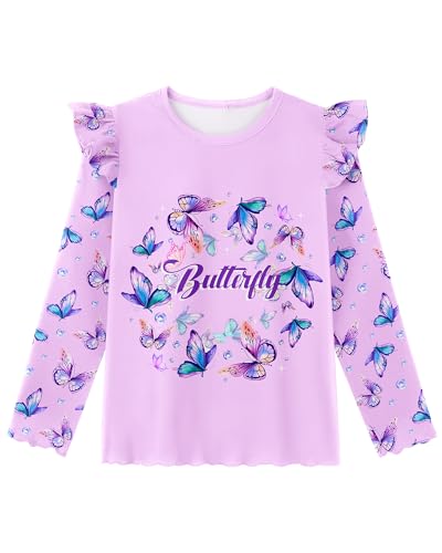 Girls Long Sleeve Ruffle T-Shirts, Basic Crewneck Everyday Tops, Soft Print Tee for Kids 3-8Y - Main Image