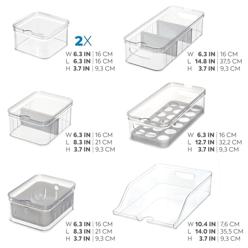 iDesign Crisp 7-Piece Recycled Plastic Refrigerator Organizer Bin Set with Lids, Clear/Gray