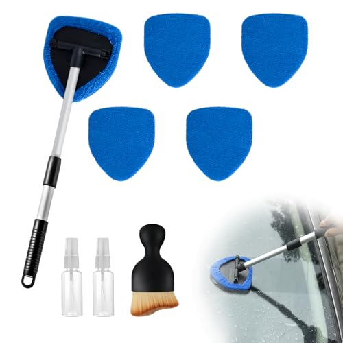 EKUWU 9 PCS Car Windshield Cleaner Tool Kit, Car Window Cleaner Windshield Cleaning Tool with Microfiber Pad Spray Bottle Detailing Brush and Extendable Handle, Auto Glass Wiper Kit Home Window, Blue