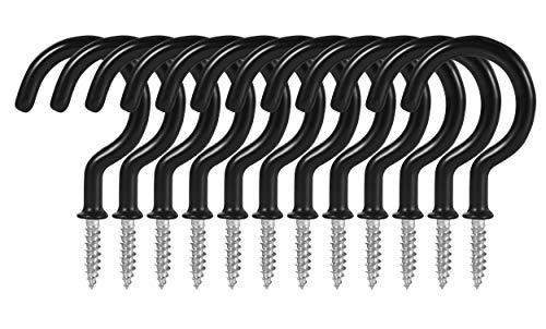 Fipoque 2 Inch Ceiling Hooks, Vinyl Coated Screw-in Cup Hook for Hanging Plants, Lights, Mugs - Heavy Duty Indoor Outdoor Use, Metal Wall Kitchen Hanger, Black (12 Pack)