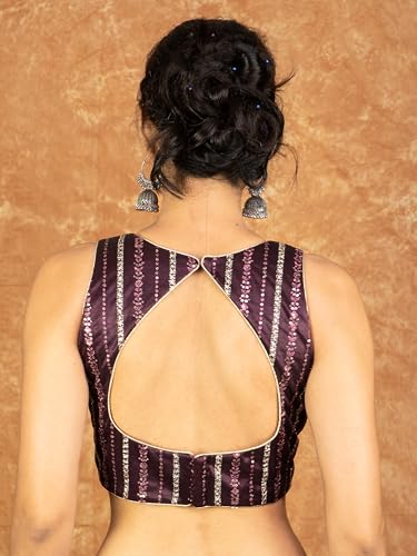 Image of FIGURE'S DESIGNER Women's Sequin Embroidered SabyaSachi Cut V Neck Sleeveless Readymade Saree Blouse E24
