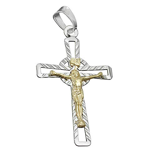 Anhänger 40x24mm Kreuz Jesus bicolor glänzend diamantiert Silber 925