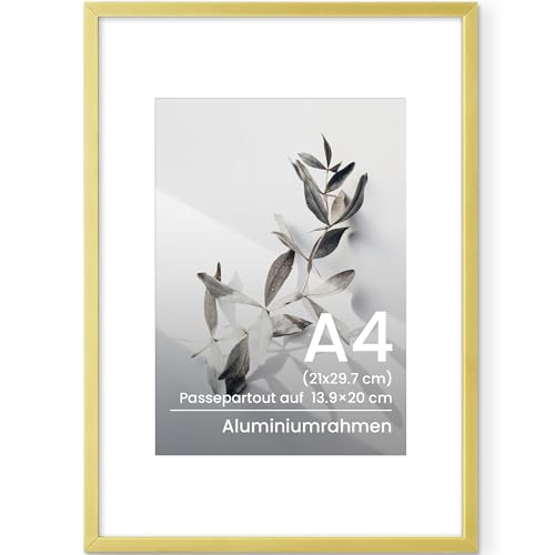 Feihorrm Cornici A4 in alluminio, cornici portafoto in metallo dorato A4 per foto da 21 x 29,7 cm o 13,9 x 20 cm con passepartout per certificati con vetro temperato, montaggio a parete o espositore