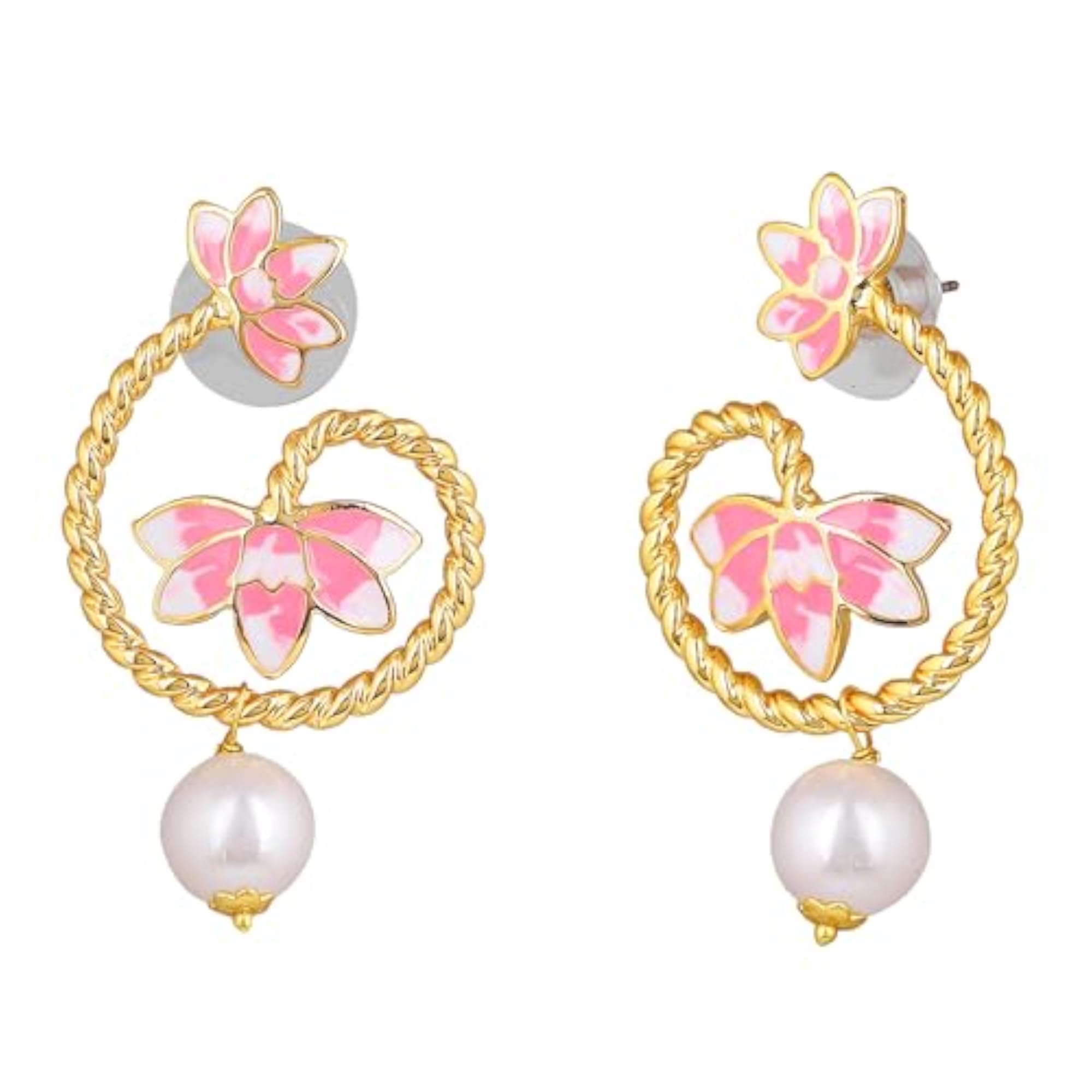 Enamelled Lotus Pearl Drop Earrings