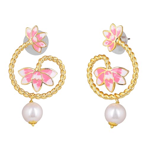 Enamelled Lotus Pearl Drop Earrings