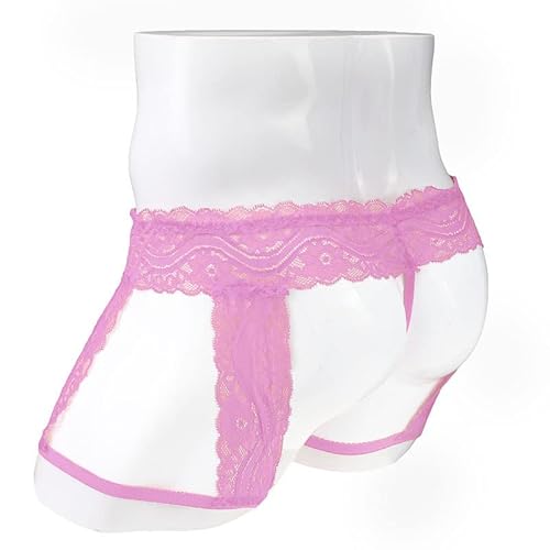 Men's Lingerie Lace Panties Sexy Floral G String Briefs Bikini Thong Underwear With Garter (One Size, Pink) #TOP3