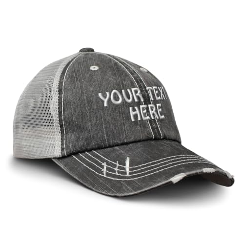 Distressed Cap Trucker Hat Custom Personalized Text Word Name Dad Hats for Men Black Gray