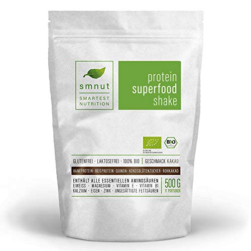 Protein Superfood Shake KAKAO 500g | Vegan und Bio | Hanf- und Reisprotein | Ohne Zusatzstoffe, Laktose- und Glutenfrei | Stärkt das Immunsystem auf
