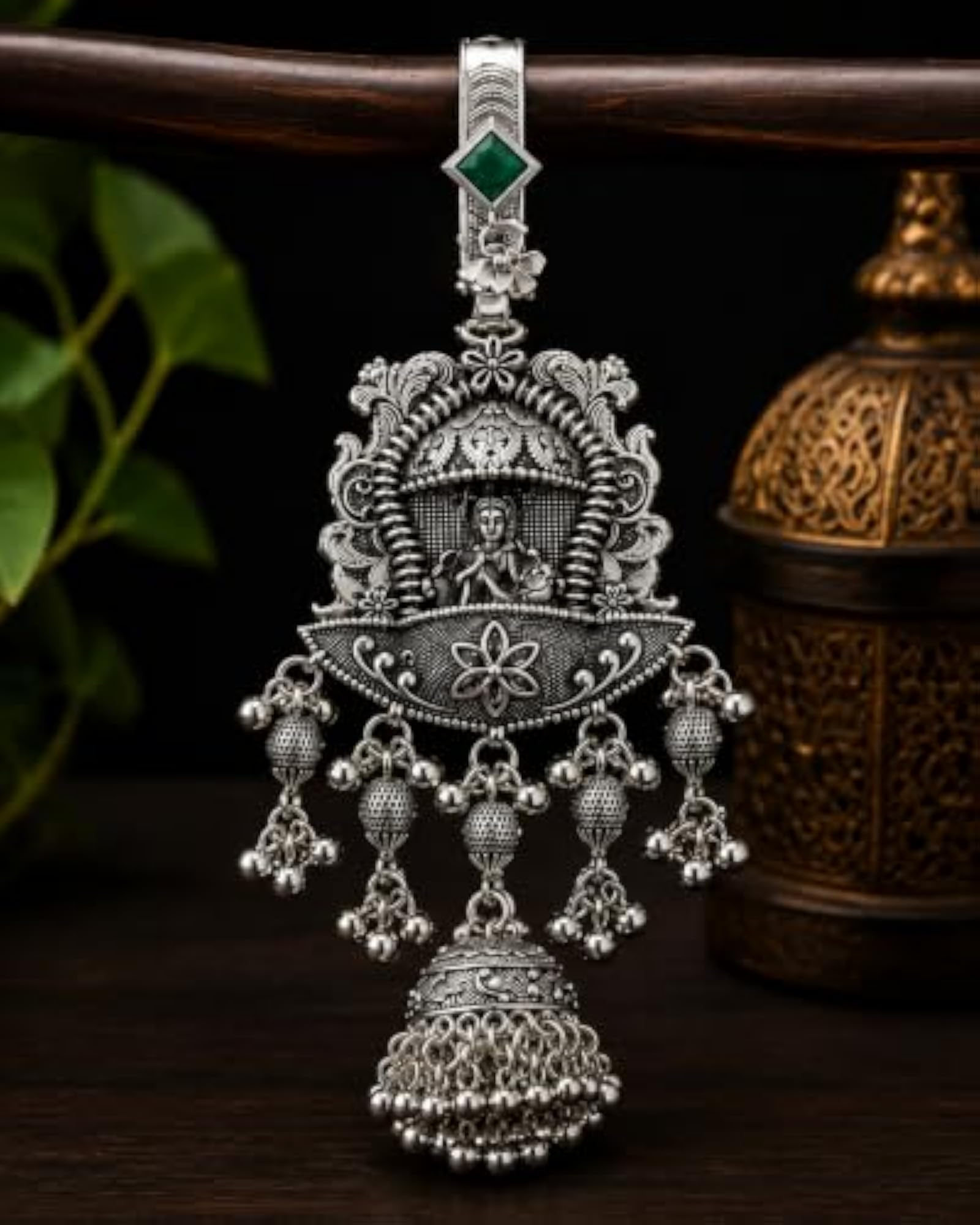 Traditional Indian Oxidised Silver-Tone Pendant with Green Stone