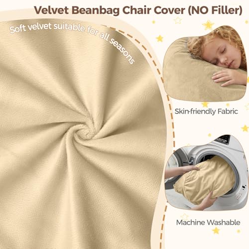 Image of Stuffed Animal Storage Bean Bag Chair Cover for Adults (No Filler), Soft Comfy Velvet Beanbag Chair Cover Machine Washable, Adults Bean Bag Chair with Handle for Living Room Bedroom, Camel