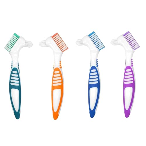 Denture Brush 4PCS Portable Retainer Cleaning Toothbrush with Double Bristle Head False Teeth Toothbrush Denture Cleaning Brush Multi-Tiered Bristles for Mouth Guards Retainers Oral Appliance Care