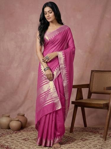 Image of Satrani Women's Cotton Silk Weaving Border Saree with Unstitched Blouse Piece