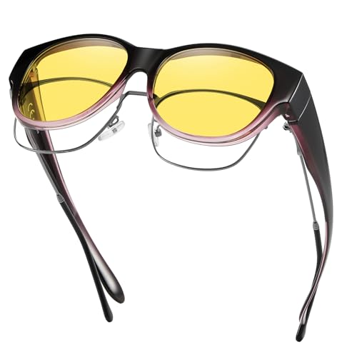 GEGURI Night Vision Driving Glasses Fit Over Glasses Womens Nighttime Eyewear Anti Glare Polarized with Yellow Lens