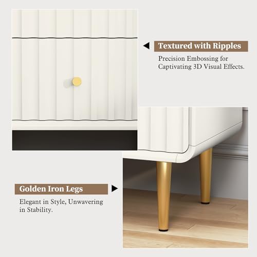 Image of HLR Night Stand Set of 2, Fluted Modern Bedside Table with 2 Drawers, White