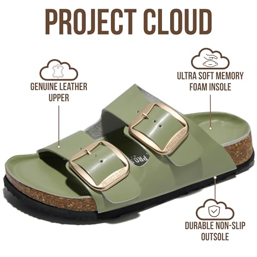 Image of Project Cloud 100% Genuine Leather Footbed Sandals for Women 2026 Comfortable Beach Essentials Womens Sandals Memory Foam Vacation Essentials Slides for Women Footwear (Santorini)