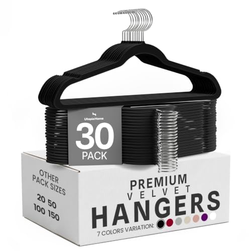 Image of Utopia Home Velvet Hangers, Black, 30 Pack | Luxury Non-Slip, Slim Pant & Coat Hangers, Strong Space-Saving, Pants Bar, 360 Swivel Hook