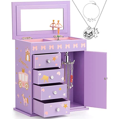 efubaby Upgrade Jewelry Box for Girls 5-Layer with Swing Door Spinning Ballerina Unicorn &Castle Design Unicorn Jewelry Set Included Kids Music Box for Little Girls Birthday Christmas Gift Purple
