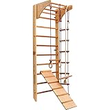 Kletterwand für Kinder-Indoor Klettergerüst aus Holz-Wand-Reck, Stange, Gymnastik-Ringe, Kletterseil, Abnehmbarer Balken, schwedische Leiter, Rutsche