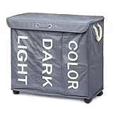 [page_title]-Minuma® Wäschekorb Wäschesortierer mit Rollen und Tragegriffen 96 Liter Fassungsvermögen | 3 Fächer zum bequemen vorsortieren Heller, dunkler und Farbiger Wäsche | 63 x 56 x 33 cm in dunkelgrau