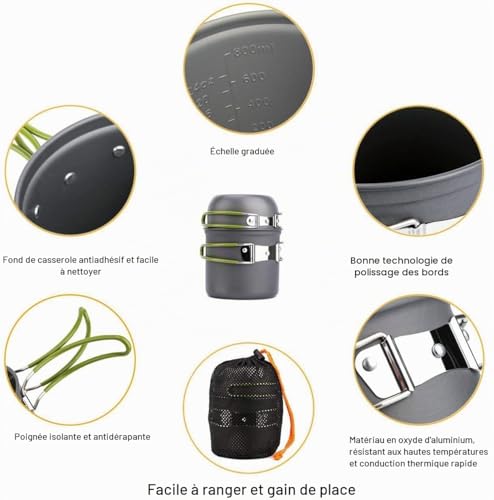 Pardarsey Padarsey O2-3 Batterie de cuisine de camping 1 à 2 personnes avec couteau et fourchette pliants, poêle et poêle portables, randonnée pour pique-nique et camping – vue 2