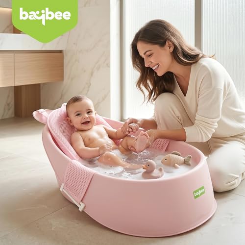 Image of Baybee Whale Baby Bath tub for 0 to 5 Years | Baby Bath Tub for Kids with Soft Mesh Cushion Support & Easy Drains | Bather & Bathtub for Newborn Boys Girls | Mini Swimming Pool for Babies (Pink)