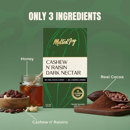 Image of Melted Joy Cashew N'Raisin Dark Nectar | 85 Calorie Dark Chocolate Squares - Portion Sized for Fat Loss | Naturally Sweetened with Honey | Pack of 6 (Set of 3)