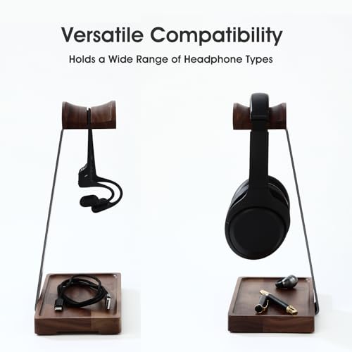 Image of Walnut Headphone Stand, Wood Headset Stand for Desk, Gaming Headphone Holder with Storage Base Compatible with Airpod max, Bose, Razer, Sennheiser, Jabra, JBL, AKG, Grey, Vintage Gift for Men