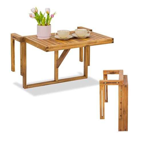 VICTORY RELAX Hanging Balcony Table - Foldable Acacia Wood Patio Table - Small Outdoor Workspace & Dining Table for Balcony Furniture - Temporary Workspace - Natural Color (27.2 x 23.6 x 17.5 Inches)