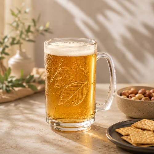 Image of WRINGO 390 ML Beer Mug | Premium Clear Glass Beer Mugs with Leaf & Petals Embossed Design | Heavy Base Beer Glasses with Handle | Large Drinking Mug for Beer, Juice, Soft Drinks & Cocktails Set of 2