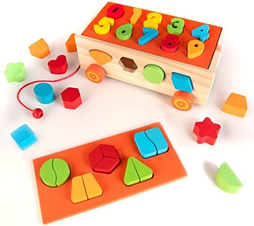 2 in 1 Shape Sorting Cube, Creative Montessori Wooden Toys for Kids Age 2-4, Shape sorter with 33 Pieces for an Interactive Activities, Learning Toys for Toddlers with Montessori Puzzle MAXITLY