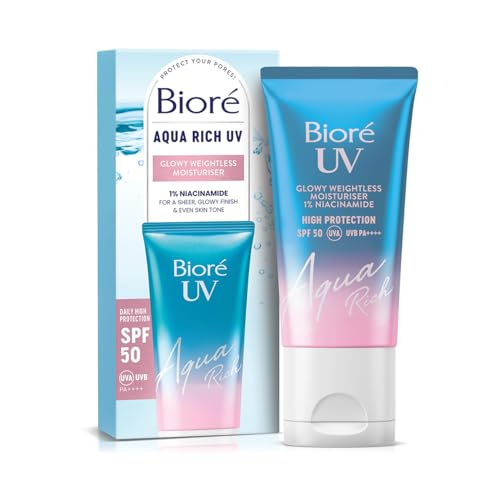 Biore SPF 50 Aqua Rich UV Glowy Weightless Moisturiser 3in1 High Protection Hydration Glow Primer Under Makeup 1% Niacinamide No White Cast Non Oily Sun Cream Japanese Sunscreen 50ml