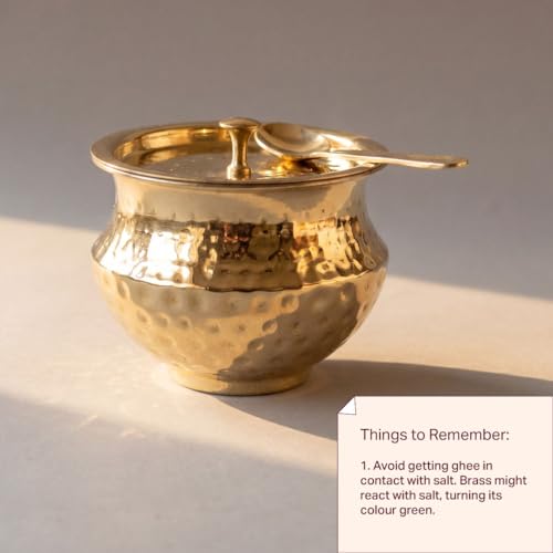 Image of P-TAL Handcrafted Brass Ghee Pot with Kalai Coating, 500ml, Wide Mouth, with Lid and Spoon, Traditional Storage Jar