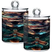 Apothecary Jars Bathroom Storage Organizer with Lid - 14 oz Qtip Holder Storage Canister, Dream Catcher Wolf Clear Plastic Jar for Cotton Swab, Cotton Ball, 4PCS